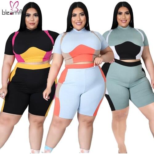 Big Plus Size 2 Piece Suit Women Contrast Printed Sports T-shirt + Shorts Two Piece Set Fat Woman Tracksuit Outfits 5XL 4XL