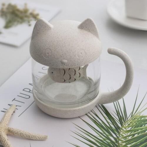 Cartoon Soaking Filter Cat-Shaped Glass Mug Small Fish Tea Maker Pot Household Water Cup With Lid Handle Cute Drinkware