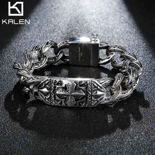 17mm Vintage Cross Bracelet Men Stainless Steel 316L Cuban Chain Bracelet & Bangle Male Gift