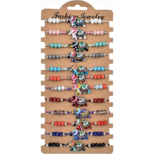 12pcs/Set Handmade Braid Rope Chain Bracelet Set Enamel Elephant Charms Crystal Beads Bracelets for Women Ethnic Jewelry