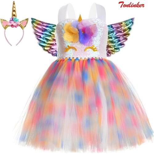 New Unicorn Costume Dress Fancy Up Kids Rainbow Tutu Party Dresses Princess Cosplay Dressing Up With Headband Wings Halloween