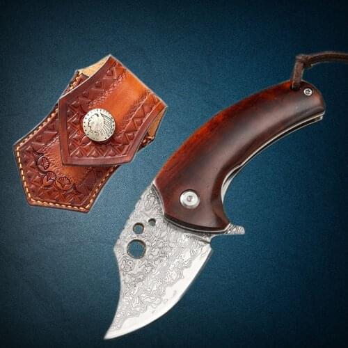 Kwinkin 1.5" Damascus outdoor knife folding mini pocket solid wood handle EDC camping knife portable survival tool