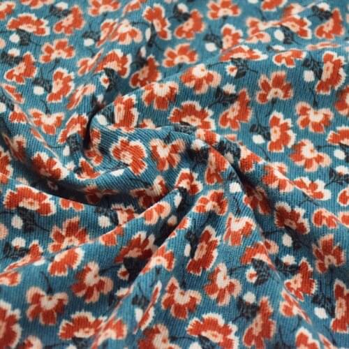 Half Meter Lake Green Orange Flower Cotton Corduroy Fabric For Autumn Winter Dress Cheongsam Handmade Jacket Shoe Surface T1718
