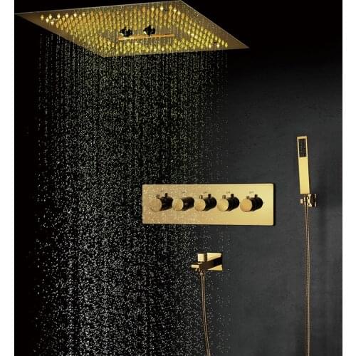 Luxurious Gold Rain Shower System 16Inch Ceiling Higt Pressure LED Showerheads Waterfall Shower Panel Bathroom Faucet Bath Taps