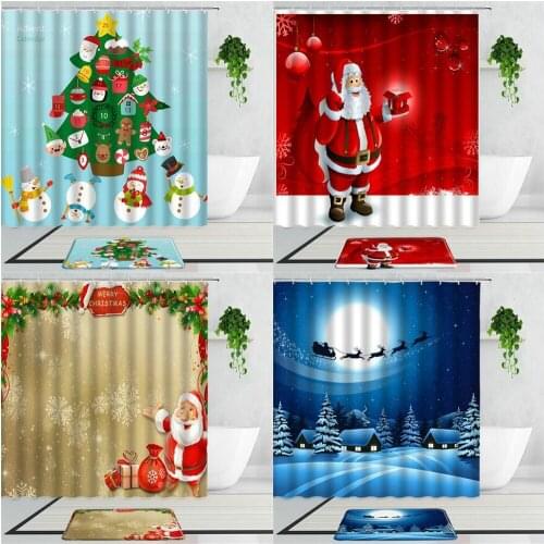 Merry Christmas Shower Curtains Snowman Santa Claus Happy New Year Decoration Background Children Gift Bathroom Curtain Bath Mat