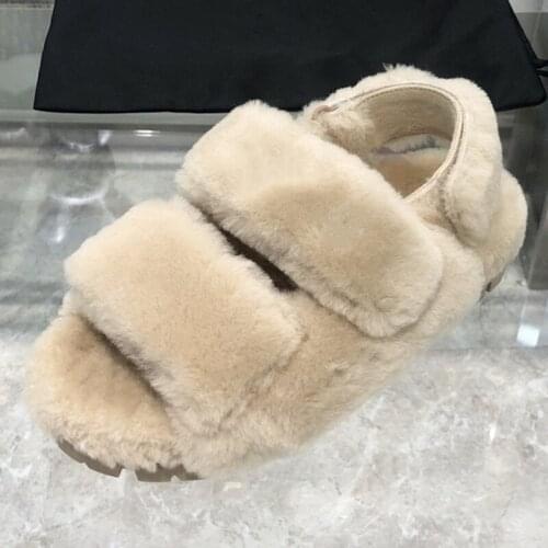 Plush Woman Sandals Hook & Loop Shoes Women Autumn Wool Chunky Sandals Solid Modern Ladies Shoes Fashion Casual Sandals Hot Sale