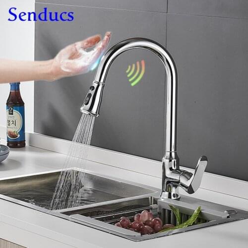 Sensor Faucets Polished Chrome Hot Cold Kitchen Mixer Tap Sensitive Sensor Kitchen Faucet Smart Touch Pull Out Kitchen Faucets
