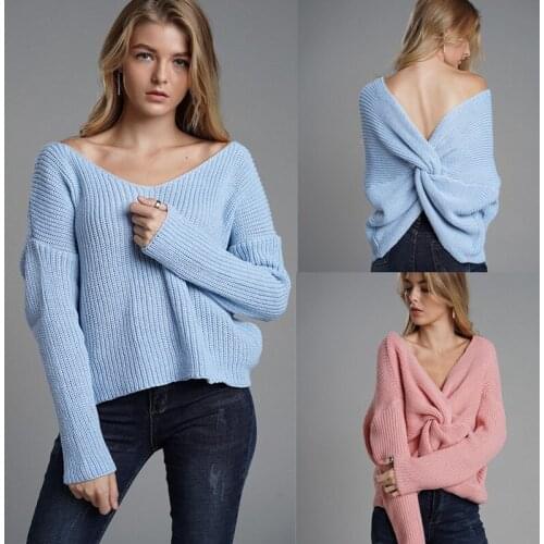 Womens sweater 2021 new autumn and winter solid color large size loose halter long-sleeved sweater crossover pullover