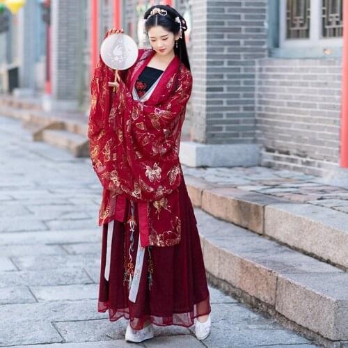 Hot stamping heavy industry make traditional hanfu female butterfly four big sleeve shirts heavy embroidery Ru skirts