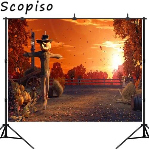 Scopiso Halloween Vinyl Photography Backdrop Pumpkin Scarecrow Autumn Leaves Photo Background Studio Prop