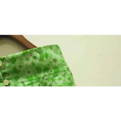 Womens Green Daisy Print Jupe Slit High Waist Single-breasted 2021 Spring and Summer Fresh Midi Skirts