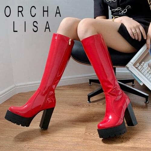 2021 zipper Knee High Boots Women White Square Heel Long Boots Woman Patent Leather Shoes Spring Winter Large Size 34-43