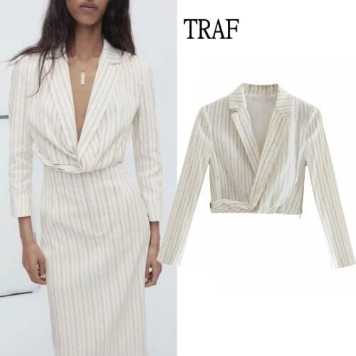 TRAF Za 2021 Blazer Women New Vintage Striped Short Women Blazer Long Sleeve Office Top Elegant Ruched Jacket Coat Female Suit