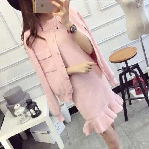 2021 Autumn Winter Knitted Two Piece Set Dress Women Solid Long Sleeve Single Breasted Cardigan Sweater + Mermaid Mini Vest Suit