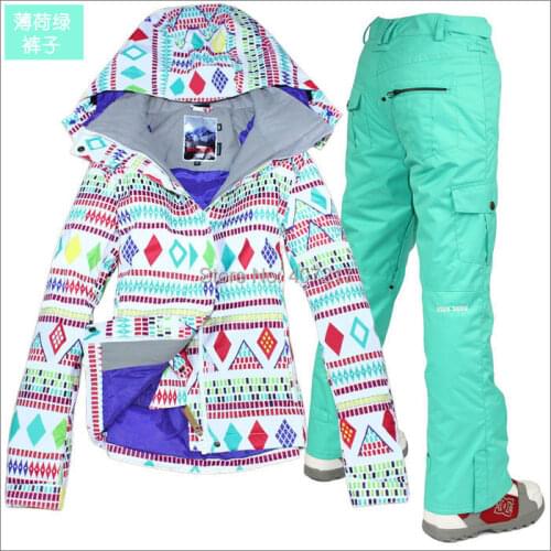 Womens Winter Ski Suit Female Padded Snowboarding Riding Climbing White Jacket And Mint Green Pants Set Skiwear Snow Costumes