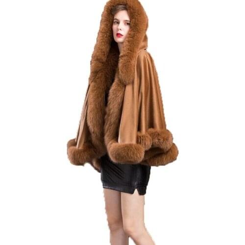 Genuine Real Cashmere Wrap Women Genuine Fox Fur Poncho Female Winter Cloak Hooded Coat Shawl/Cape CAMEL