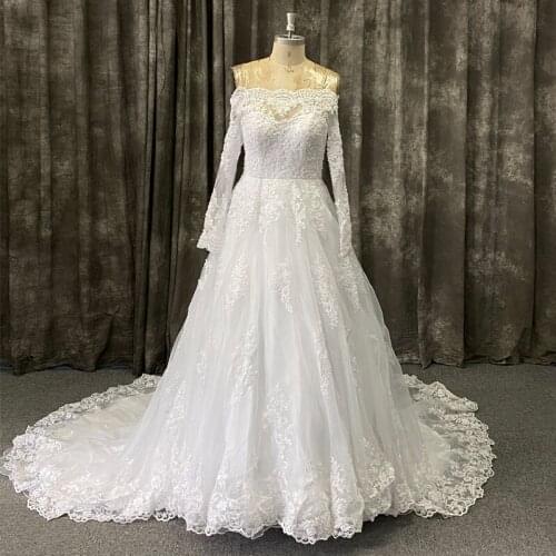 In Stock Wedding Dress Long Sleeve Off the Shoulder Beaded Lace Appliques Bridal Gown 24 Hours Shipping