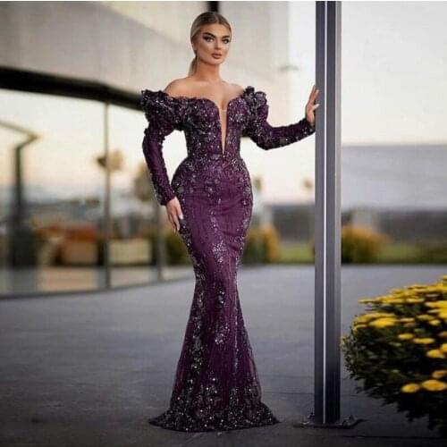 Purple Off The Shoulder Mermaid Evening Gowns Saudi Arabia Lace Applqiues Beads Prom Dresses Dubai Robe De Soiree Custom Made