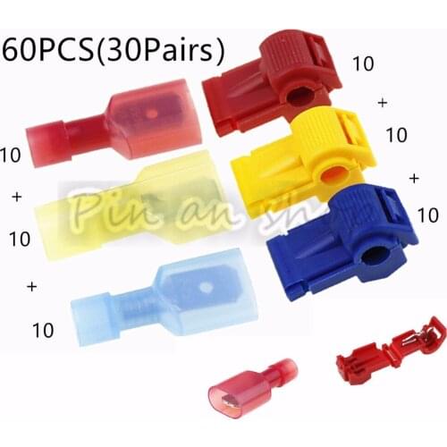 60 Pcs/30 Pairs Self-Stripping Electrical T-Tap Wire Spade Connectors Set Quick Splice Wire Terminals