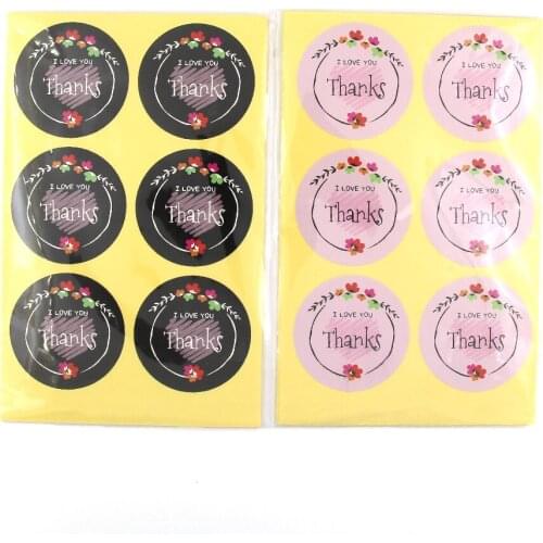 60pcs/pack Pink Black Round Flower Thanks Stickers Decoration Envelope Stickers Hand Made Gift Cake Package Paper Tags Sticker