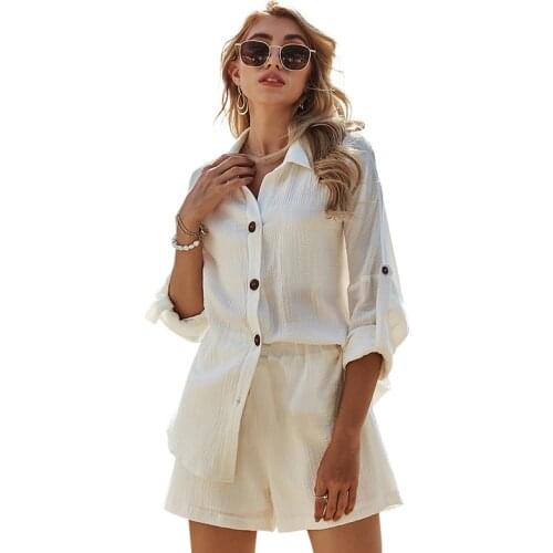 Summer Long Sleeve White Cotton Casual Loose Shirt Top Blouse and Shorts Set Button Blouse Tops Shirt and Short Pants Suit