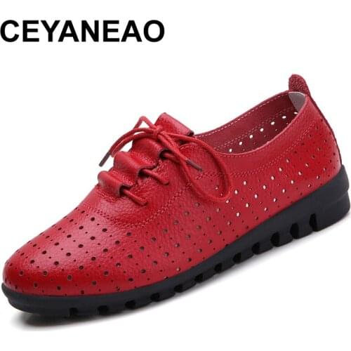 CEYANEAO 2020 Casual woman shoes Spring fashion white woman flats split leather shoes Hollow out Loafers ladies shoes plus size