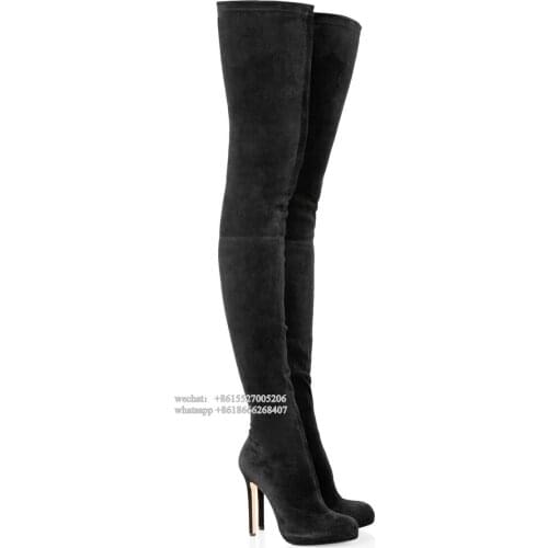 Black Elastic Designer Suede Leather Platform Pointed Toe Thigh High Heel Boot Women Winter Boots Slim fit Long Gladiator Booty