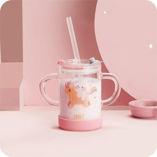 Children Glass Water Cup Cute Cartoon Toddler Drink Mug With Straw Leak-Proof Rabbit Milk Bottle Kids Scale Safety Milk Tumbler