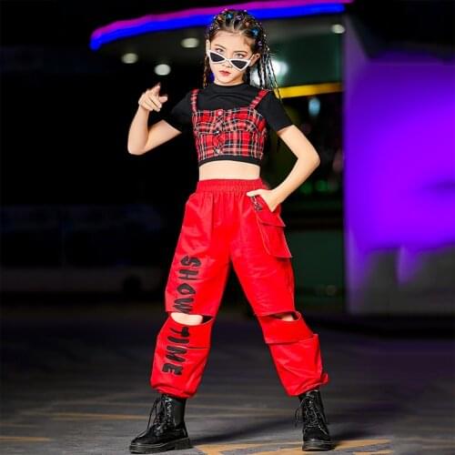 2021 Modern Hip Hop Dance Costume For Kids Red Plaid Vest Hole Hiphop Pants Girls Street Dance Jazz Show Rave Outfit DNV14570