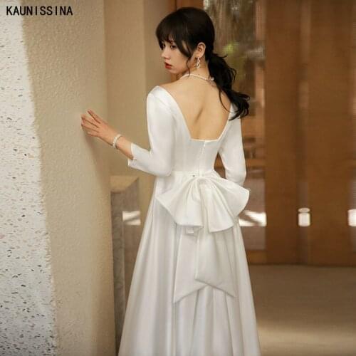 KAUNISSINA Long Elegant Wedding Dresses Square Collar Three Quarter Sleeve Satin Wedding Gowns Back Bow White Simple Bride Dress