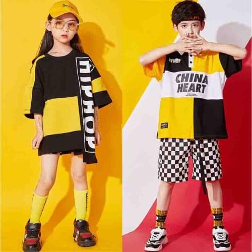 Jazz Clothing for Girls Kids Asymmetric T-shirt Shorts Boys Ballroom Street Dance Wear Hip Hop Costume for Children XS1483
