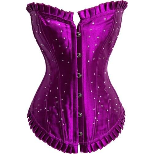 Purple Satin & Shiny Rhinestone Sexy Steel Boned Corset Steampunk Women Lingerie Bustier Top Plus Size Gothic Burlesque Costumes