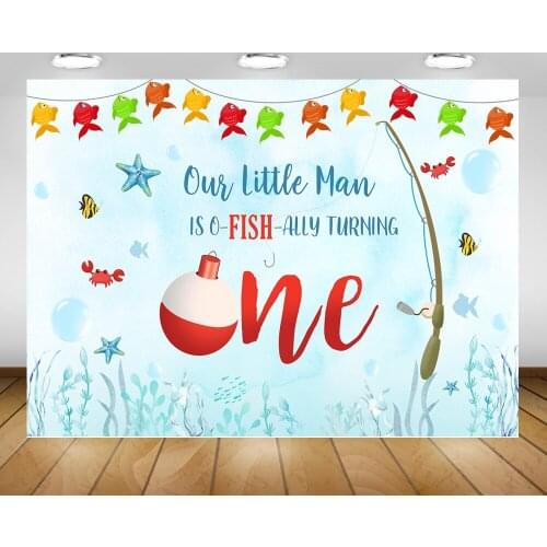 Our Little Man is O-fish-ally Turning One Backdrop One Birthday Party Banner Background Fishing Fish Themed Birthday Backdrops