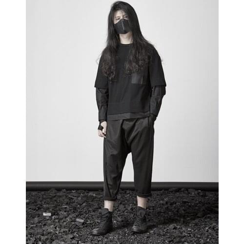 Personality fake two-piece design t-shirt dark black trendy male spring clothes Japanese casual drop shoulder round neck long sl