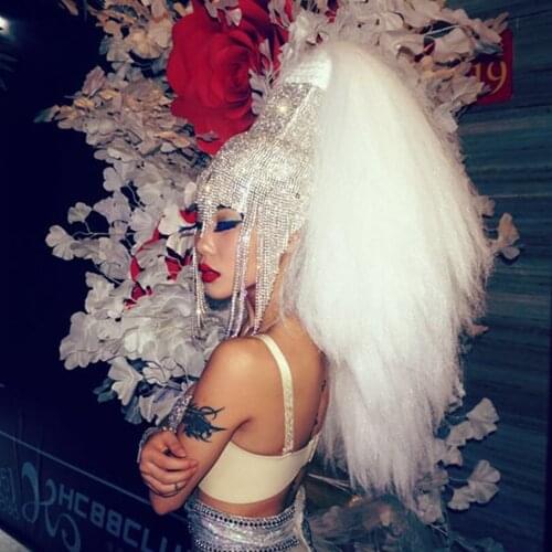 Holographic Burning Man Shiny Rhinestone Wig Headdress Head Pieces Rave Stage Dancer Dj Singer Wear Tassel Hat Costumes