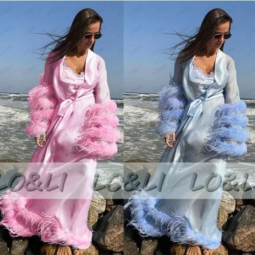 LO&LI Bathrobe Women Ostrich Feather Full Length Lingerie Nightgown Pajamas Sleepwear Bride Luxury Gowns Sheer Robe