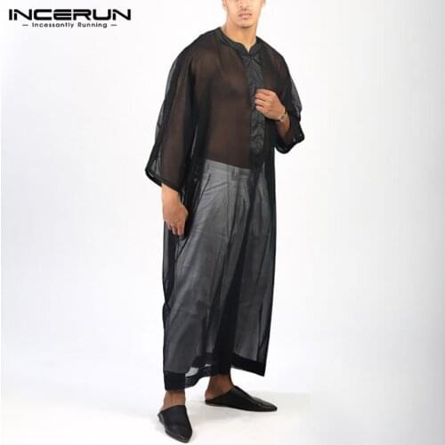 INCERUN Men Mesh Robes 3/4 Sleeve V Neck Patchwork Muslim Islamic Arabic Kaftan Jubba Thobe Transparent Robes Men Clothing S-5XL