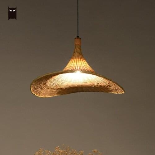 Delicate Hand Bamboo Wicker Rattan Hat Pendant Light Fixture Modern Korean Hanging Ceiling Lamp Avize Lighting for Salon Bedroom