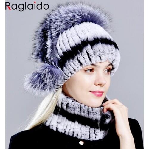 Raglaido ladies winter hat scarf set women natural rabbit fur fox pompom warm thick fashionable stylish girls outdoor accessory