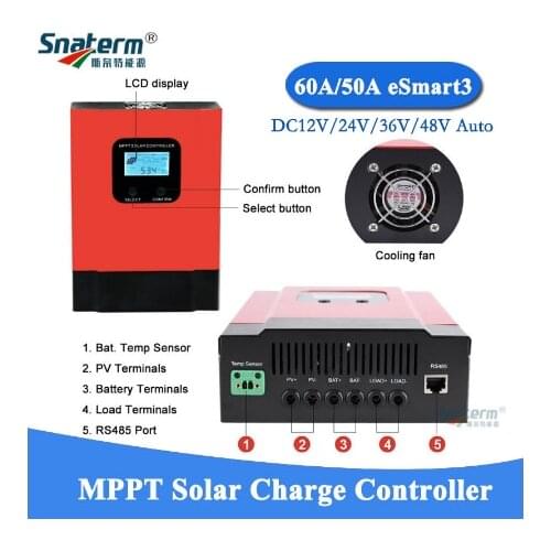 ESmart3 LCD 50A 60A smart MPPT solar charge controller Max 150VDC with RS485 and battery temperature sensor 12V/24V/36V/48V