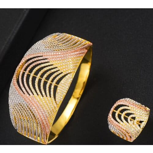 LARRAURI Hot Luxury Big Delicate Luxury Multicolor Cubic Zirconia Party Wedding Saudi Arabic Dubai Bangle Ring Jewelry Sets
