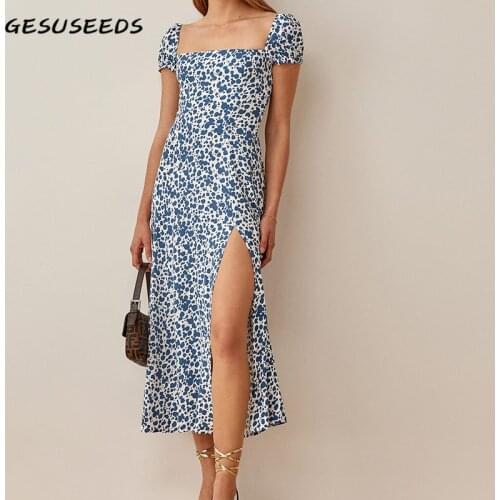 Summer Dress 2021 Print Dresses Women Vintage Short Sleeve Dress Fashion Midi Dresses Square Neck Side Split Holiday Dress Party