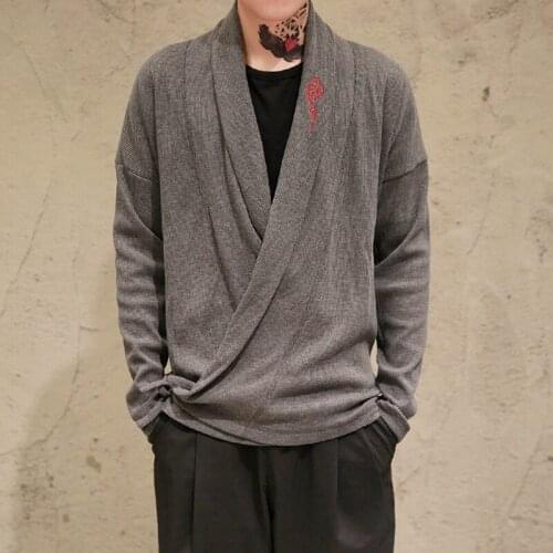 Men Traditional Chinese Sweater Embroidered Hanfu Men Kimono Cardigan Loose Casual Coats Tops Streetwear Kung Fu Clothes 30589