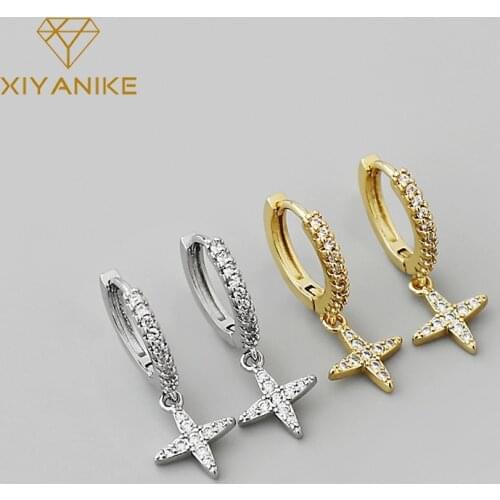 XIYANIKE 925 Sterling Silver New Arrival Cross Star Zircon Hoop Earrings Female Fashion Temperament Hypoallergenic Dropshipping