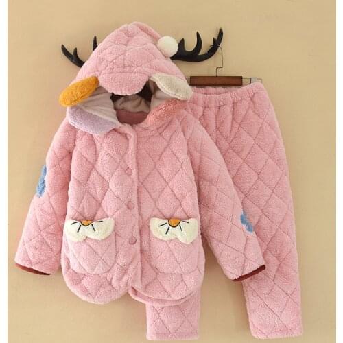 Pajamas set childrens quilted padded flannel home service baby cartoon padded jacket boys and girls winter sleepwear hooded