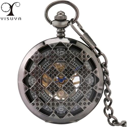 Retro Black Hollow Rhombus Design Mechanical Hand-Winding Pocket Watch Arabic Numerals Round Dial Antique Pendant Clock Gifts