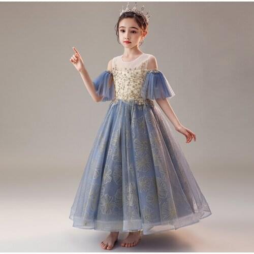 Luxury Flower Girls Dresses O-Neck Princess Skirt Elegant Sequined Crystal Lace Tulle Short Ball Gown Tiered Floor-Length D188