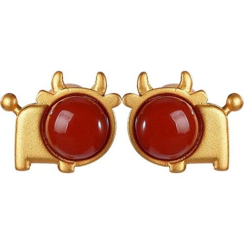 S925 sterling silver gold plated Southern red agate Ear studs National tide Cute cow Cute Birth year Zodiac Cattle Earrings
