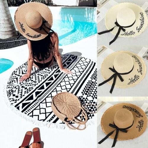 Women Letter Print Straw Visor Hat Summer Holidays Bow Knot Casual Sun Hats Beach Ladies Foldable Roll Up Wide Brim Ribbon Cap