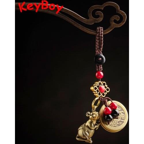 Vintage Brass Blessing Rat Keychain Pendant Handmade Braied Rope Feng Shui Hangings Jewelry Ancient Five Emperors Coins Keyrings
